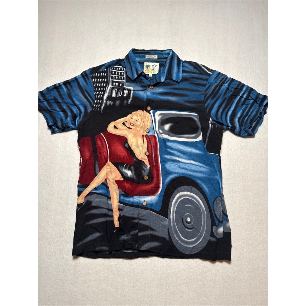 Vintage Ron Chereskin Pin Up Girl Car Rayon Shirt Mens Medium Rockabilly 80s
